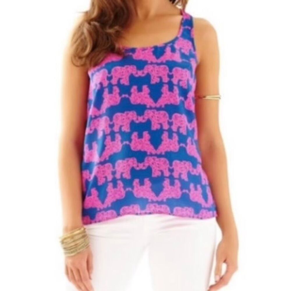 Lilly Pulitzer Palmetto Tank Top Pack Your Trunk Elephant‎ Print Pink/Blue Small